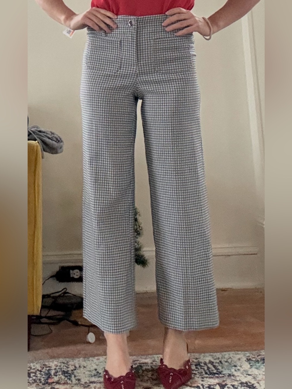 High-Rise Gray Houndstooth Wide-Leg Pants